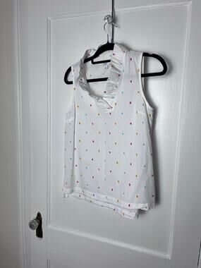 Crown & Ivy White Polka Dot Sleeveless Ruffle Classic Preppy Top Size Small